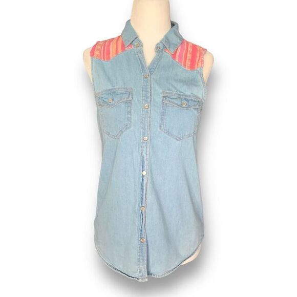 Mudd Shirt Western Style Chambray Denim Pearl Snap Sleeveless Southwestern - Picture 8 of 8